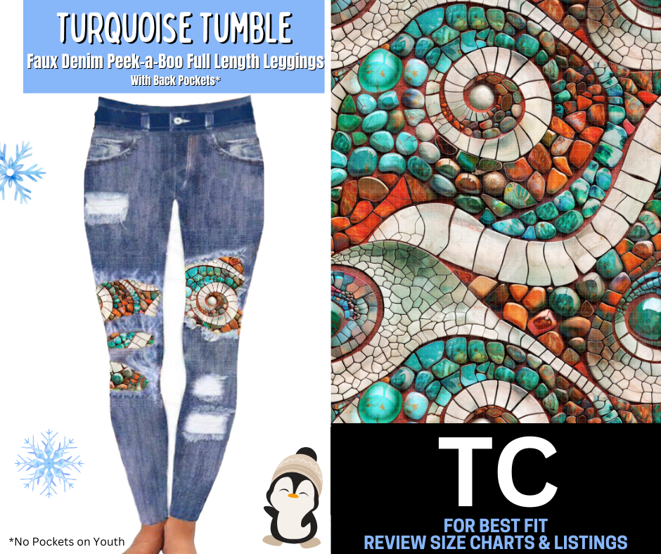 Turquoise Tumble  Faux Denim Full Length Peekaboo Leggings