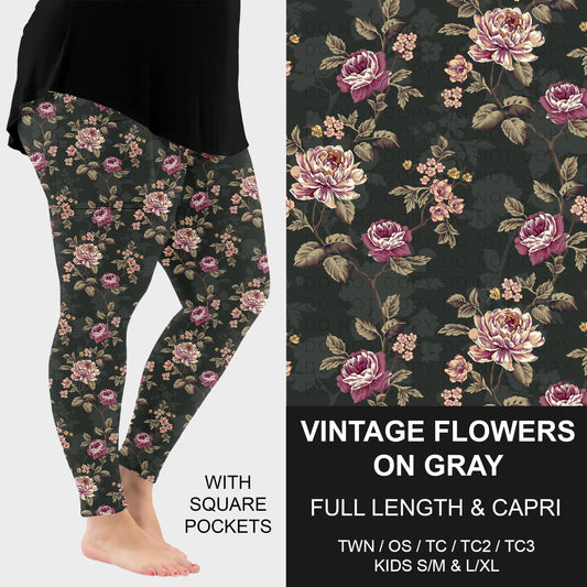 B310 - Preorder Vintage Flowers on Gray Leggings w/ Pockets (Closes 8/30. ETA: late Oct.)