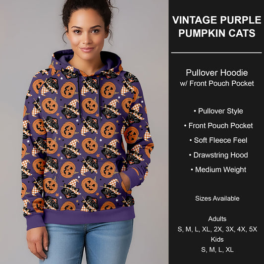 B295 - Preorder Vintage Purple Pumpkin Cats Pullover Hoodie (Closes 6/14. ETA late Aug.)