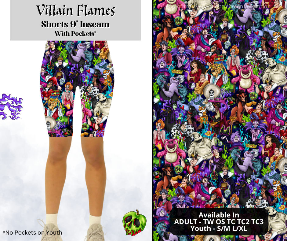 Preorder! Closes 3/28. ETA June. Villain Flames 9" Inseam Shorts w/wo Pockets