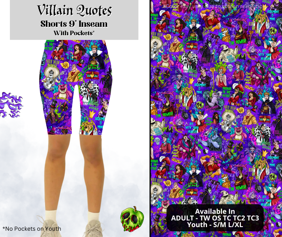 Preorder! Closes 3/28. ETA June. Villain Quotes 9" Inseam Shorts w/wo Pockets