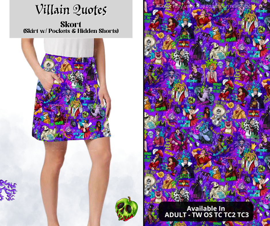 Preorder! Closes 3/28. ETA June. Villain Quotes Skort