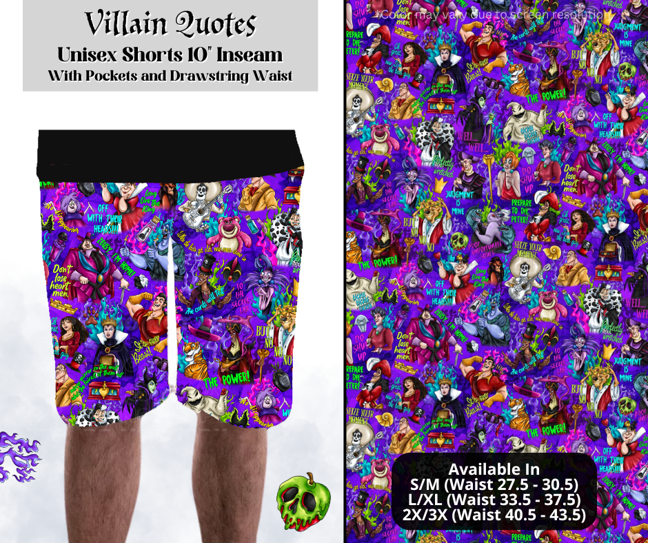 Preorder! Closes 3/28. ETA June. Villain Quotes Unisex Shorts