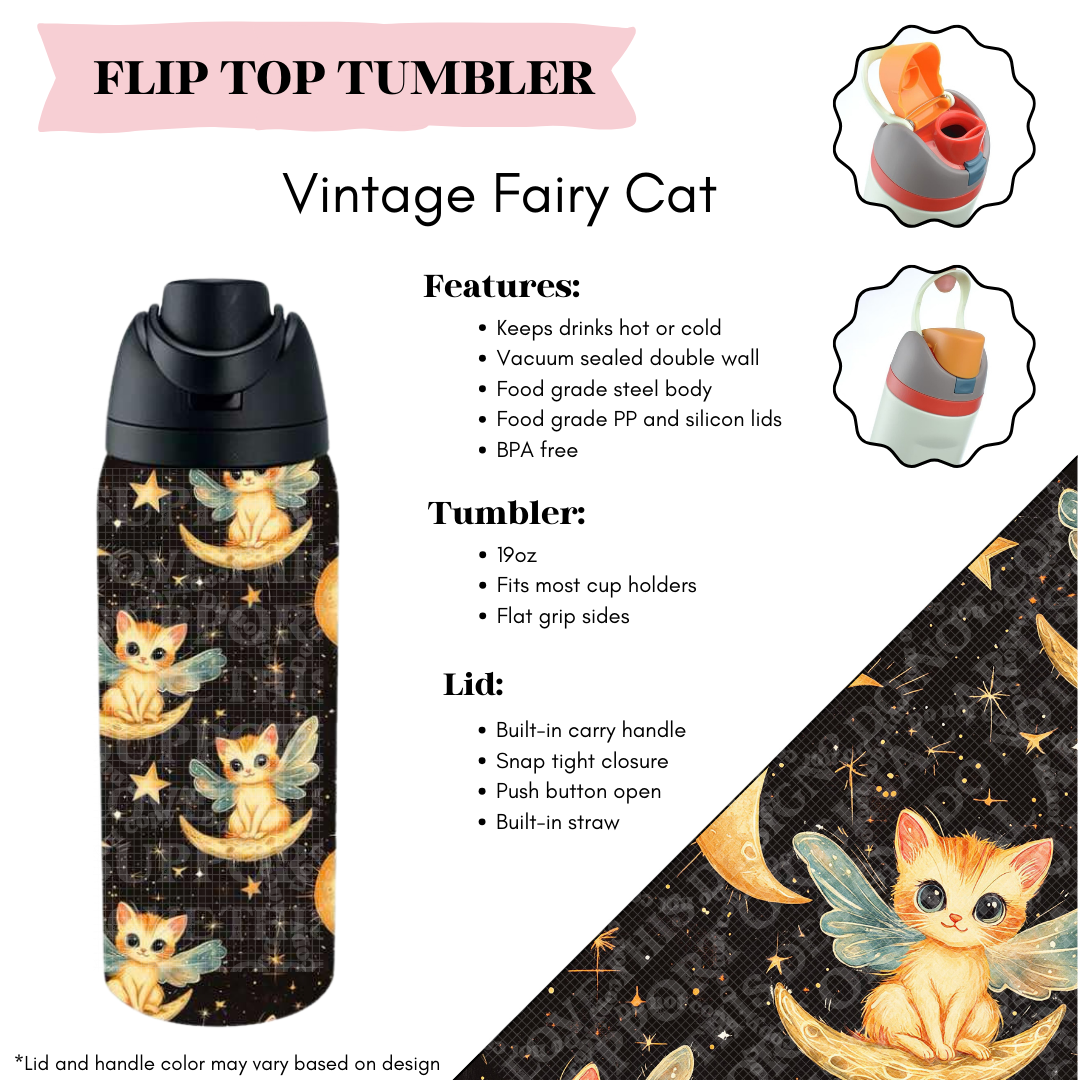 Preorder! Closes 3/20. ETA June. Vintage Fairy Cat Flip Top Tumbler