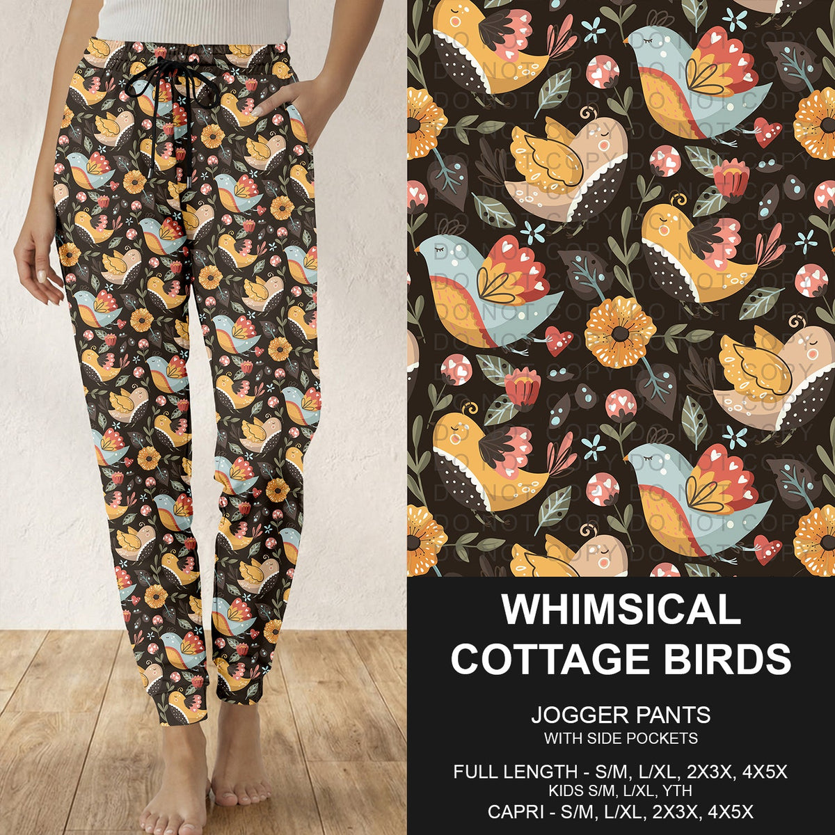 B316 - Preorder Whimsical Cottage Birds Joggers (Closes 10/11. ETA: mid Dec.)