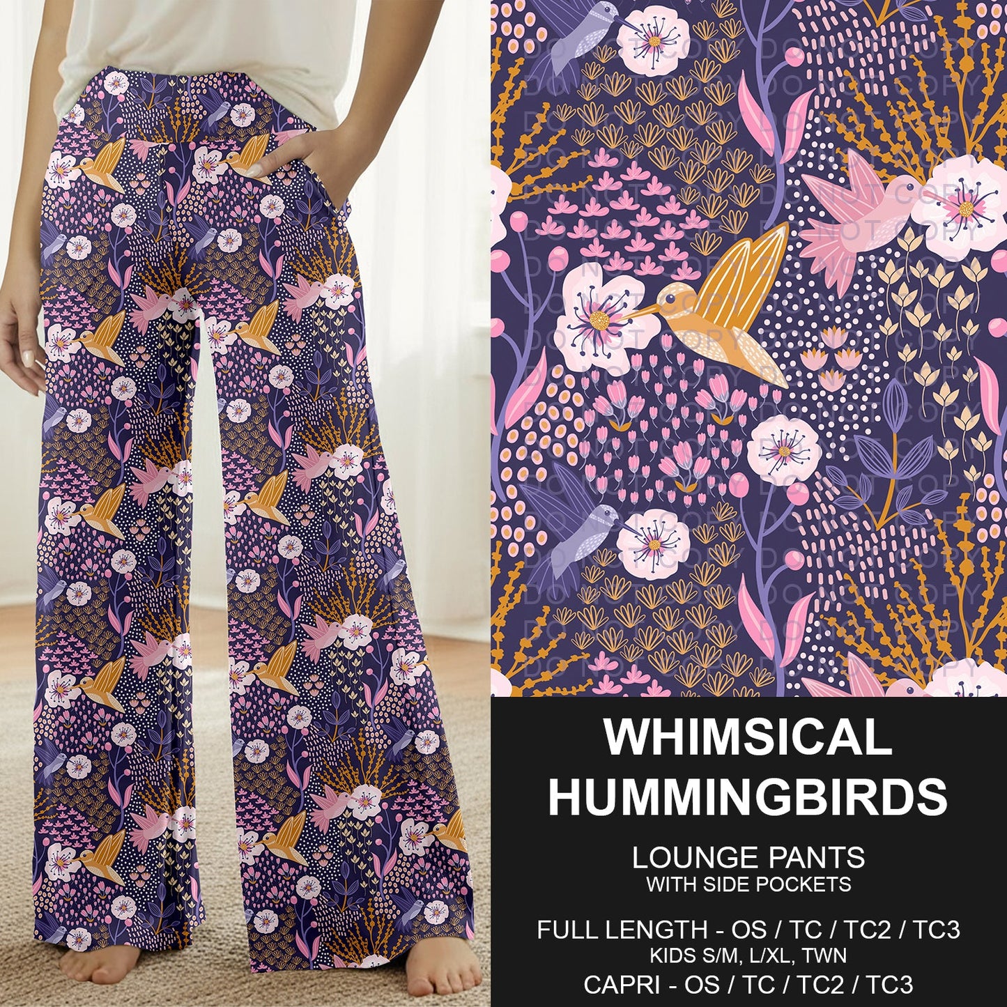 B283 - Preorder Whimsical Hummingbirds Lounge Pants (Closes 4/05. ETA: mid June)