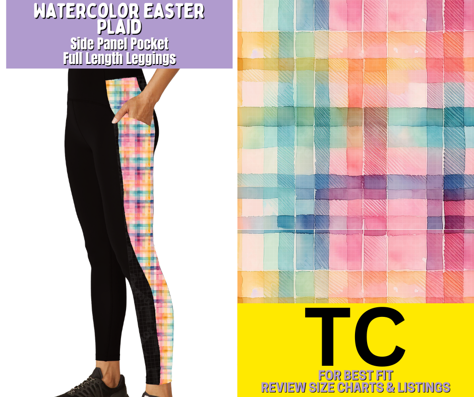 Watercolor Easter Plaid Side Panel Pocket Full Length Leggings
