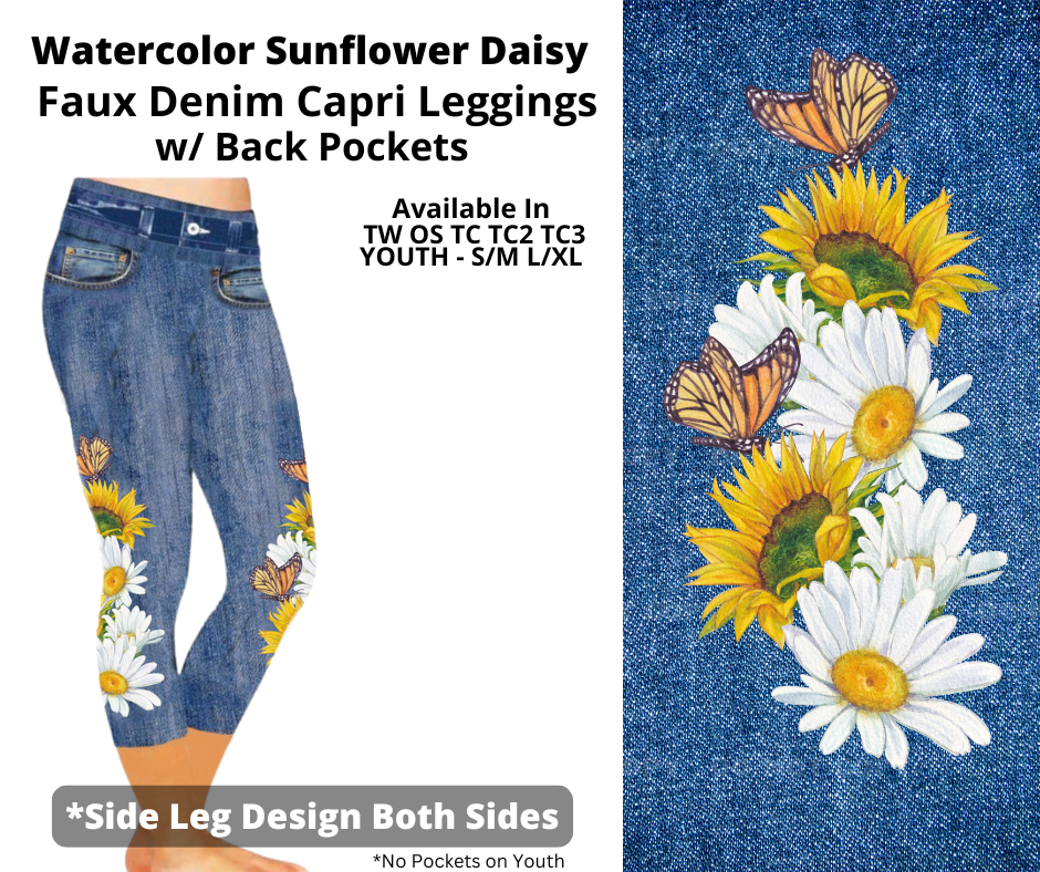 Preorder! Closes 3/19. ETA June. Watercolor Sunflower Daisy Capris Faux Denim w/ Side Leg Designs