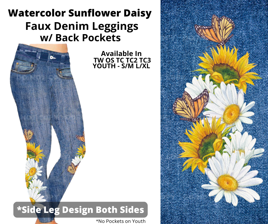 Preorder! Closes 3/19. ETA June. Watercolor Sunflower Daisy Full Length Faux Denim w/ Side Leg Designs