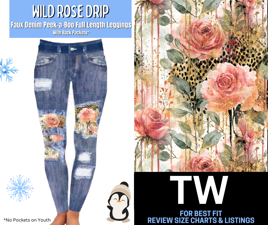 Wild Rose Drip Faux Denim Full Length Peekaboo Leggings