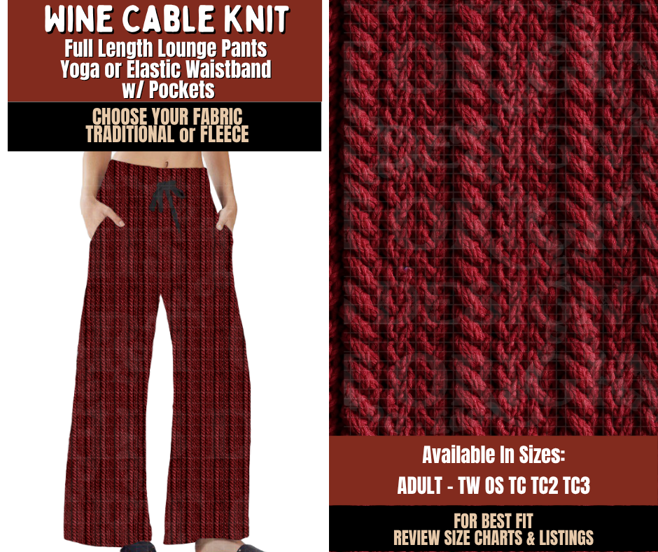 Preorder! Closes 9/21. ETA Dec. Wine Cable Knit Lounge Pants Choose Fleece or Traditional
