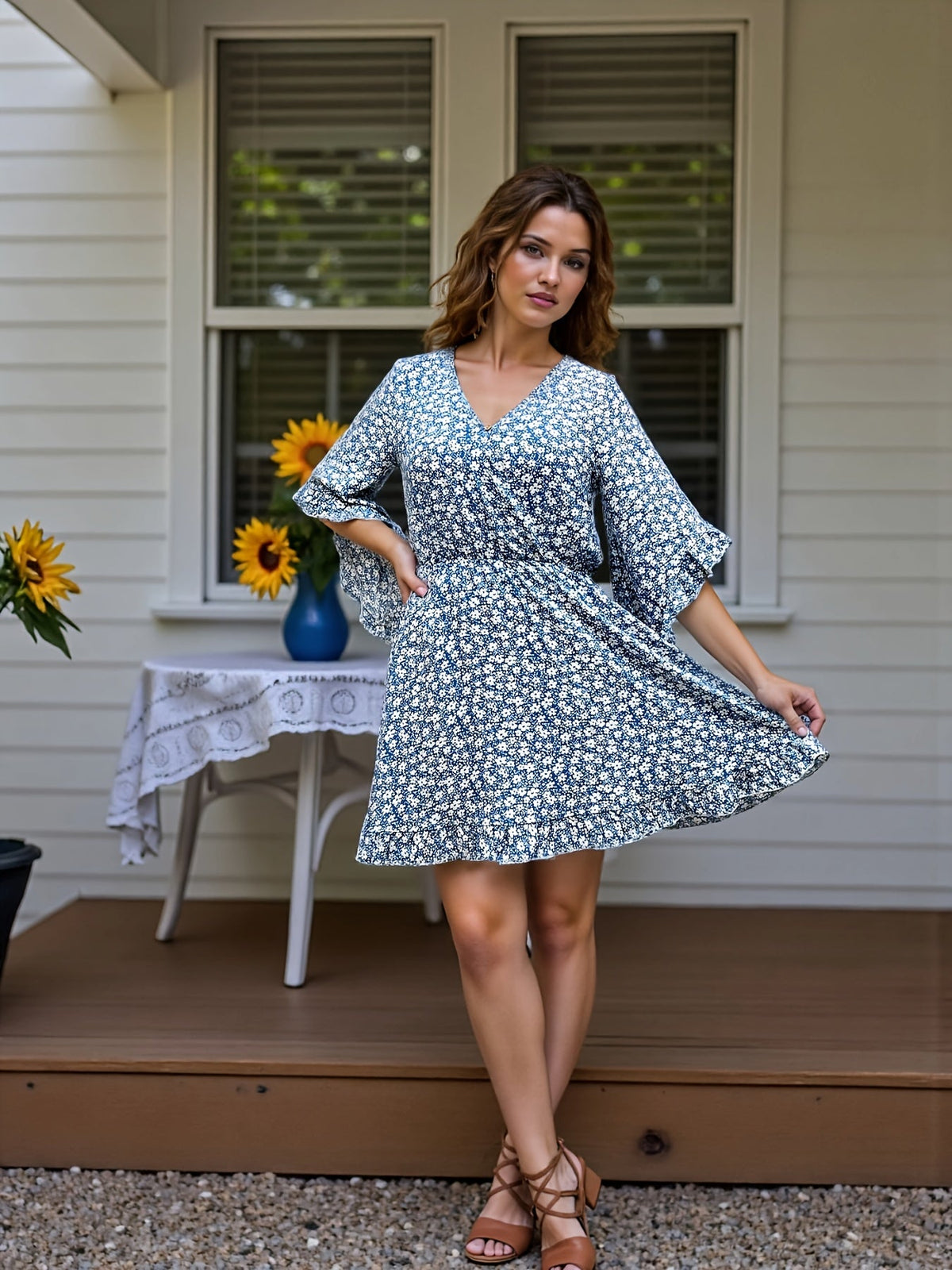 Floral Midi Dress – V-Neck Flowy Flutter Sleeve Dress