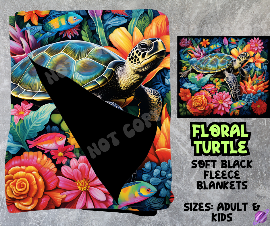 FLORAL TURTLE - SOFT BLACK FLEECE THROWS 8 - PREORDER CLOSING 2/21