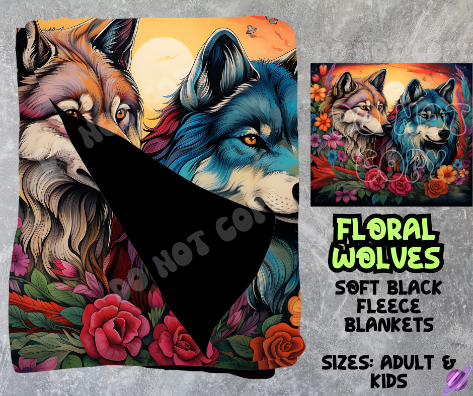 FLORAL WOLVES - SOFT BLACK FLEECE THROWS 8 - PREORDER CLOSING 2/21