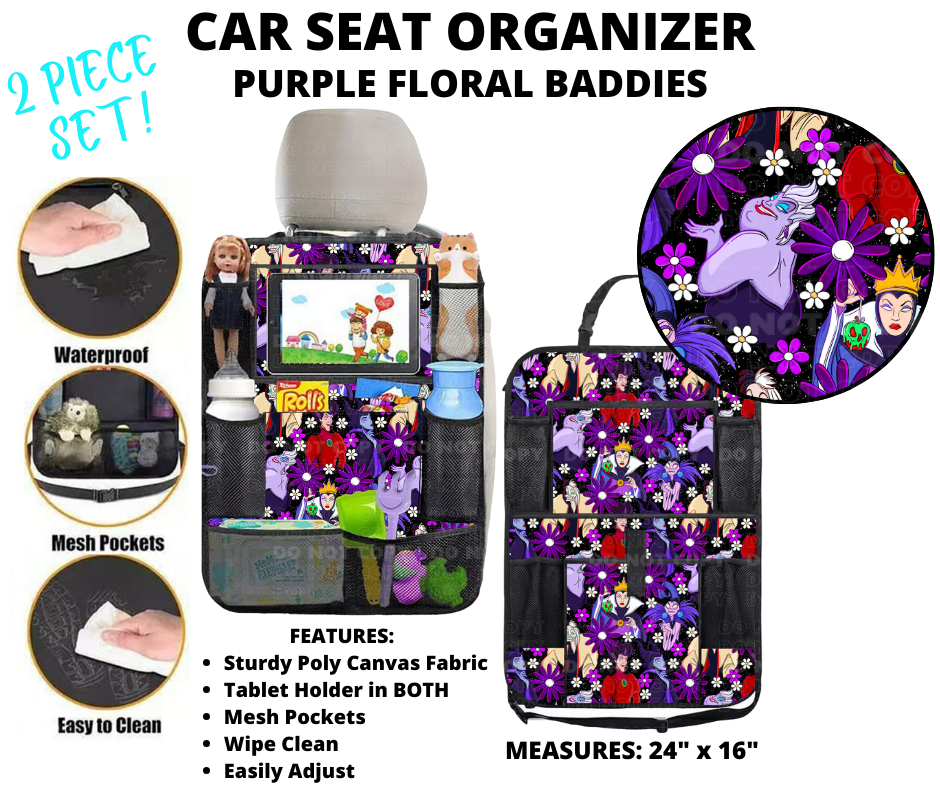 Purple Floral Baddies Car Seat Organizer 2 Piece Set