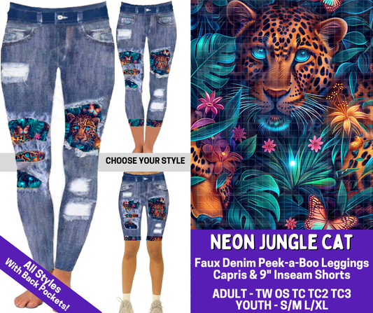 Preorder! Closes 4/9. ETA June. Neon Jungle Cat Combo Faux Denim Peekaboo Legging Lengths