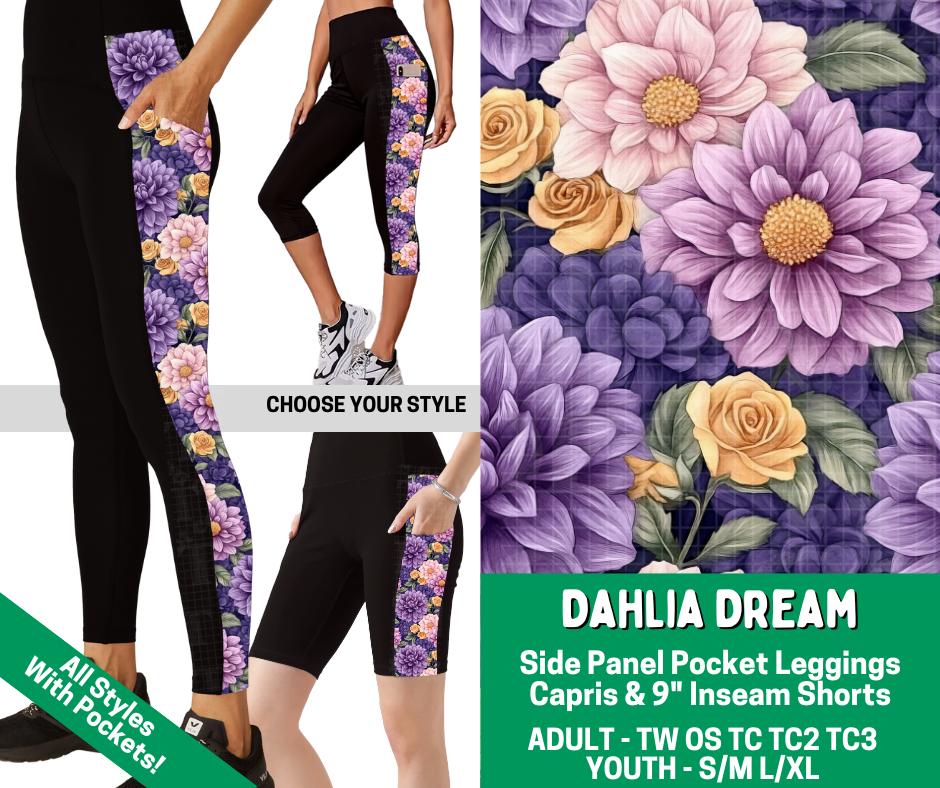 Preorder! Closes 2/18. ETA May. Dahlia Dream Combo Side Panel Legging Lengths