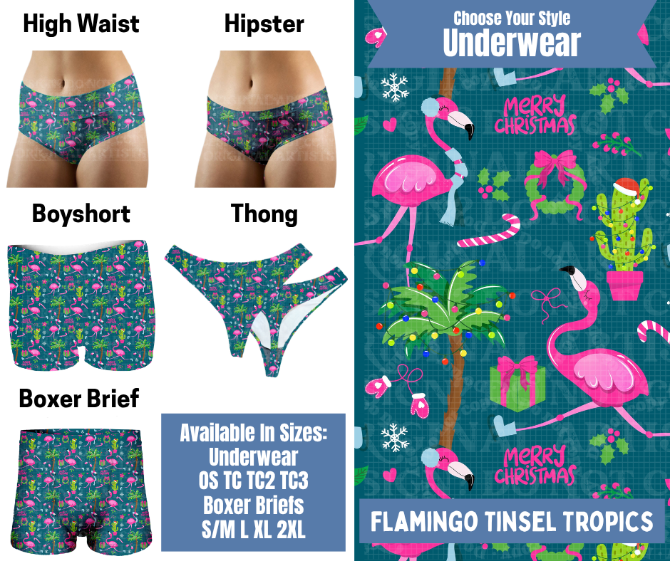 Preorder! Closes 8/26. ETA Nov. Flamingo Tinsel Tropics Hipster, High Waist, Boyshort, & Thong Underwear & Boxer Briefs