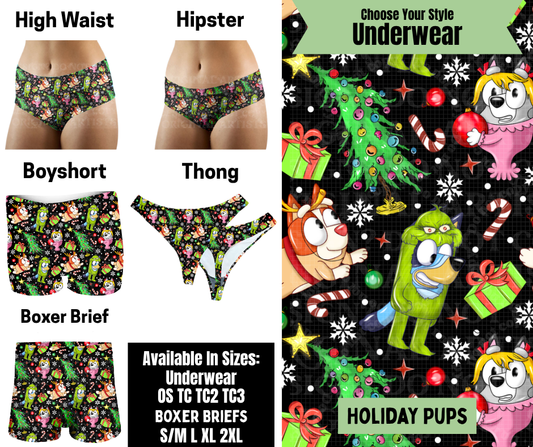 Preorder! Closes 8/25. ETA Nov. Holiday Pups Hipster, High Waist, Boyshort, & Thong Underwear & Boxer Briefs