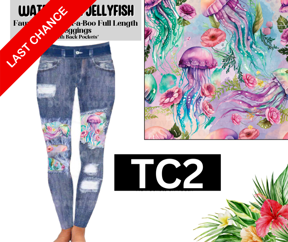 Watercolor Jellyfish Faux Denim Full Length Peekaboo Leggings