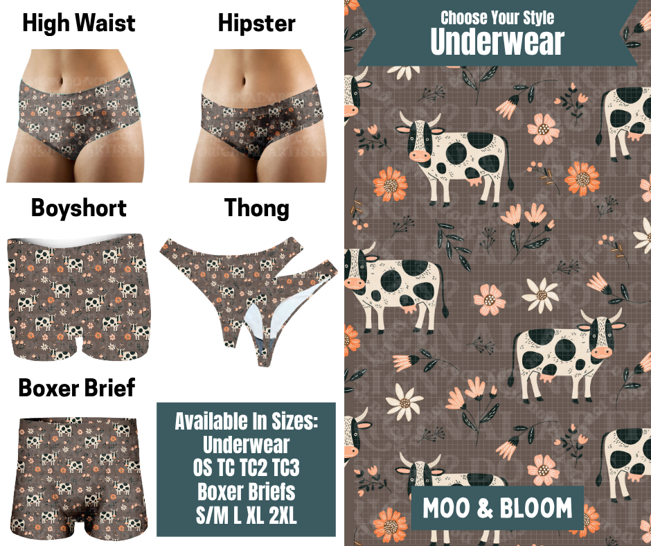 Preorder! Closes 9/30. ETA Dec. Moo & Bloom Hipster, High Waist, Boyshort, & Thong Underwear & Boxer Briefs