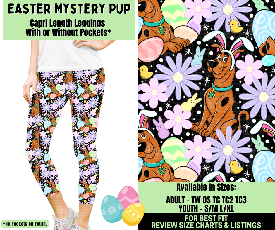 Preorder! Closes 1/19. ETA April. Easter Mystery Pup Capri Length Leggings w/wo Pockets