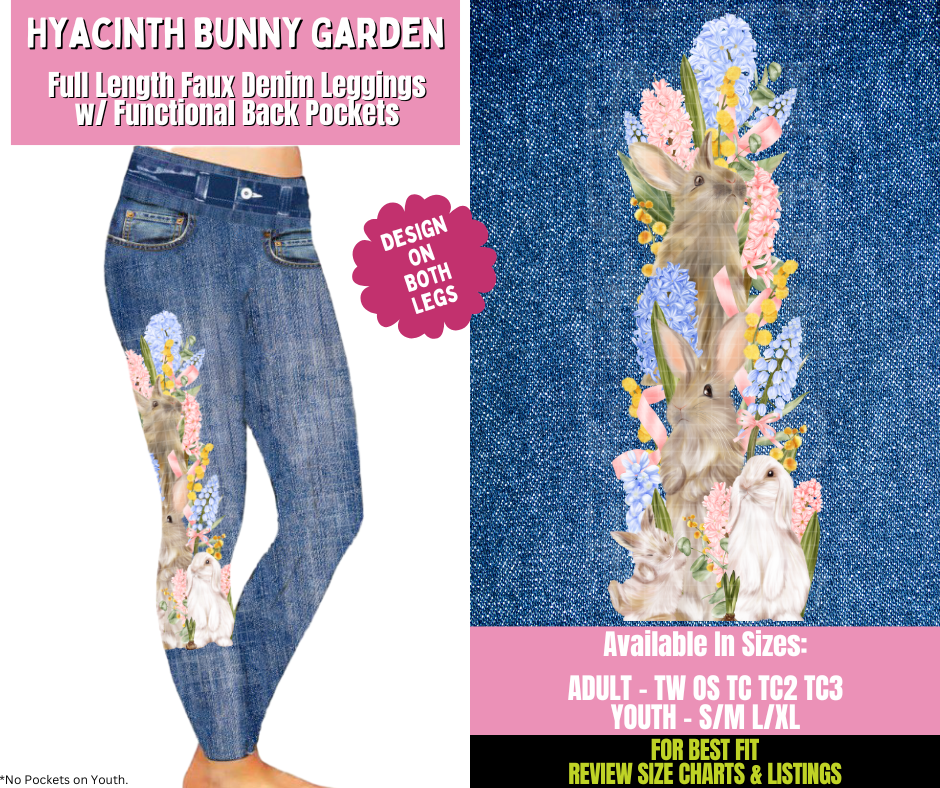 Preorder! Closes 1/21. ETA April. Hyacinth Bunny Garden Full Length Faux Denim w/ Side Leg Designs