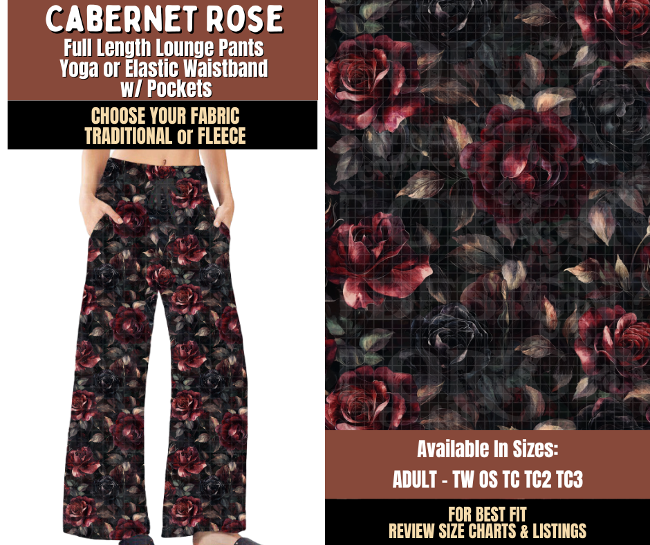 Preorder! Closes 7/27. ETA Oct. Cabernet Rose Lounge Pants Choose Fleece or Traditional