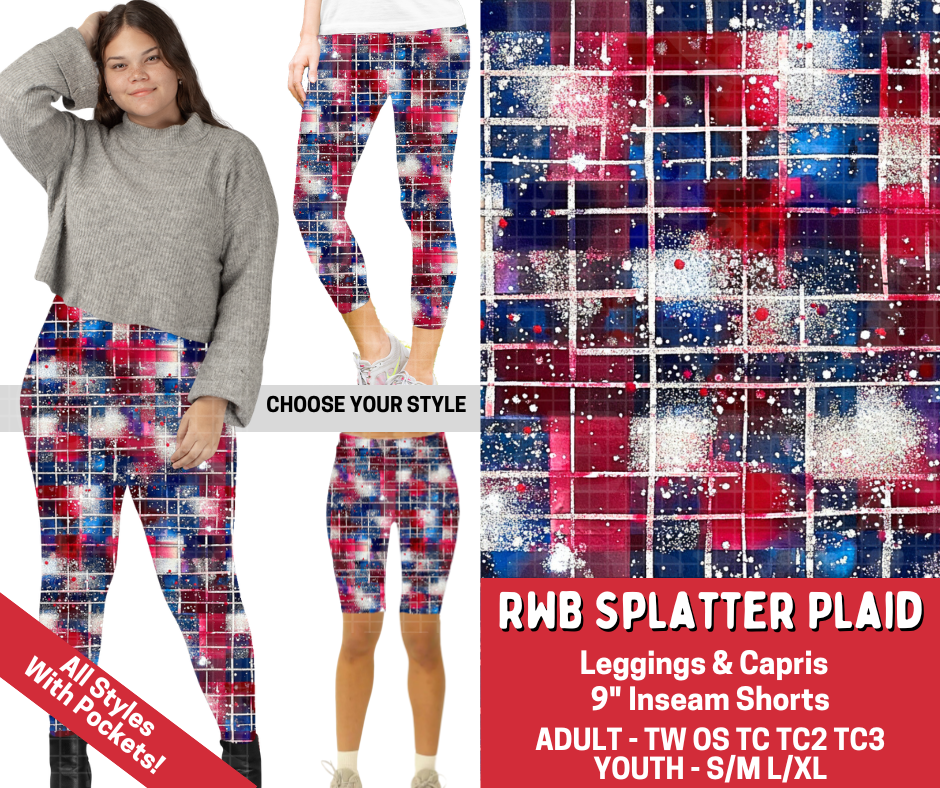 Preorder! Closes 3/18. ETA June. RWB Splatter Plaid Combo Legging Lengths