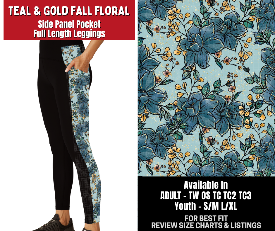 Preorder! Closes 10/26. ETA Jan. Teal & Gold Fall Floral Side Panel Pocket Full Length Leggings