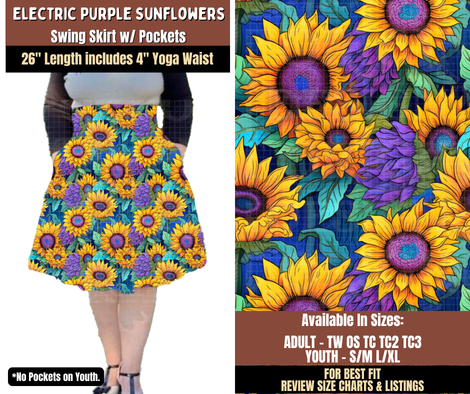 Preorder! Closes 7/27. ETA Oct. Electric Purple Sunflowers Swing Skirt