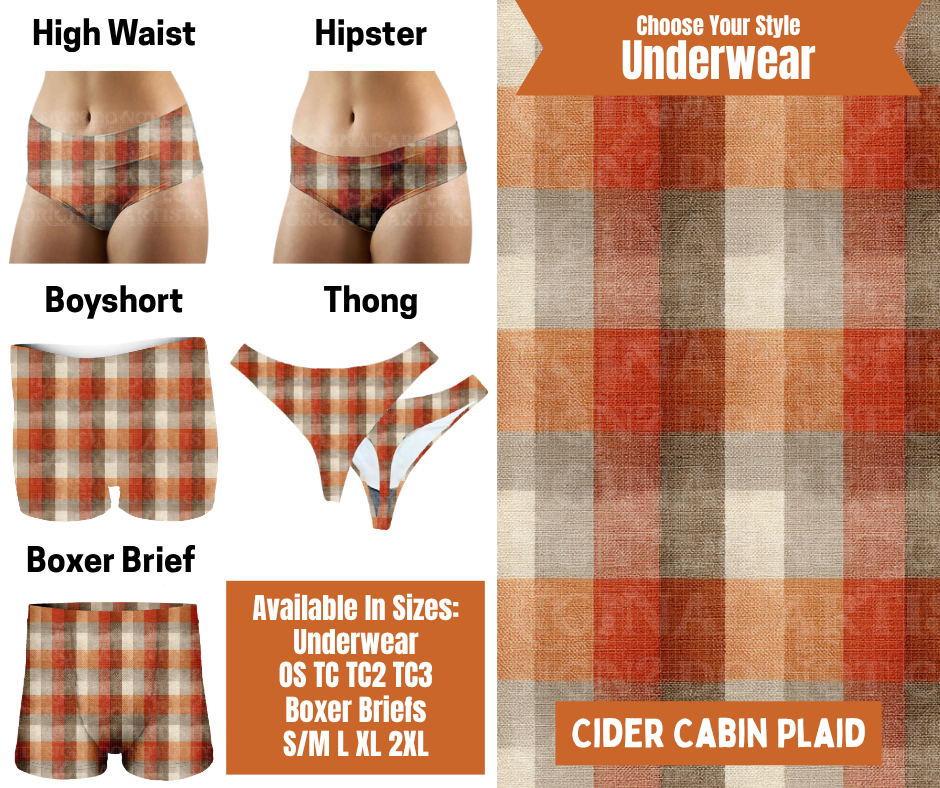 Preorder! Closes 7/30. ETA Oct. Cider Cabin Plaid Hipster, High Waist, Boyshort, & Thong Underwear & Boxer Briefs