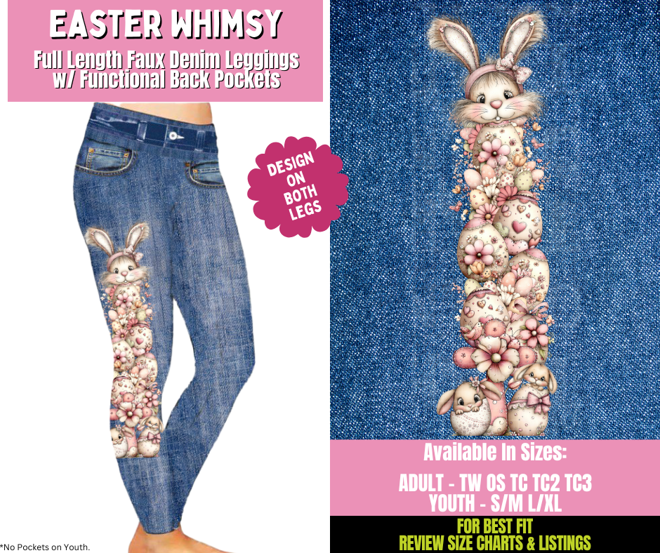 Preorder! Closes 1/21. ETA April. Easter Whimsy Full Length Faux Denim w/ Side Leg Designs