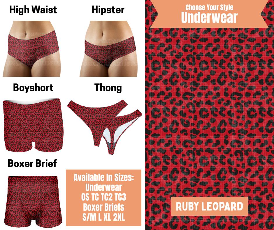 Preorder! Closes 11/5. ETA Feb. Ruby Leopard Hipster, High Waist, Boyshort, & Thong Underwear & Boxer Briefs
