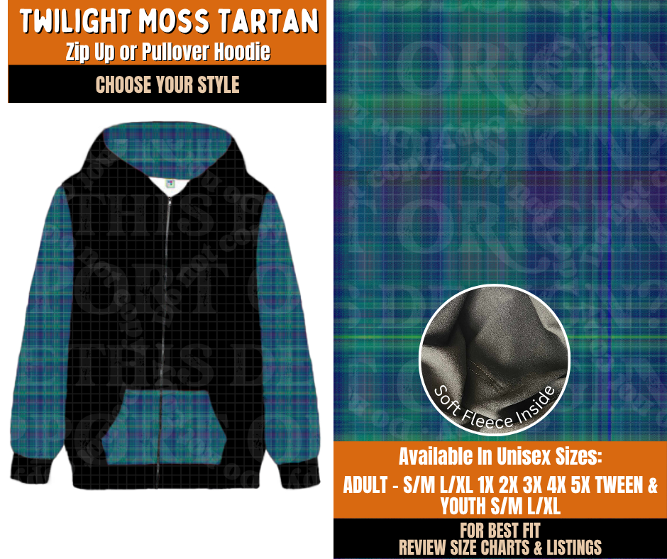 Preorder! Closes 11/2. ETA Feb. Twilight Moss Tartan Zip-Up or Pullover Hoodie