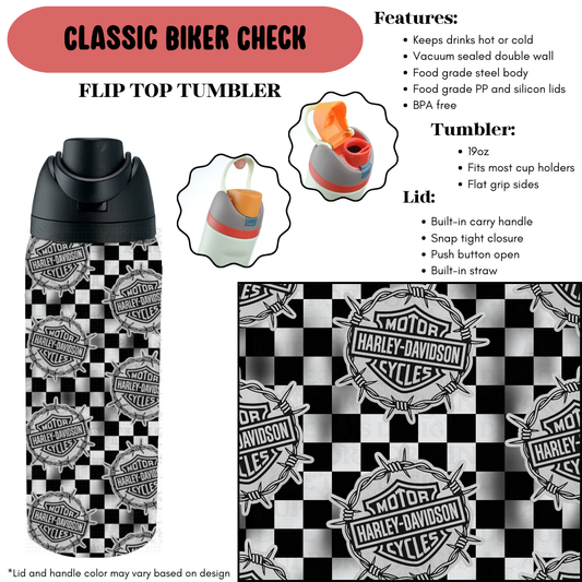 Preorder! Closes 9/18. ETA Dec. Classic Biker Check Flip Top Tumbler