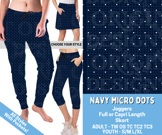 Preorder! Closes 4/16. ETA July. Navy Micro Dots Combo Jogger Lengths & Skort