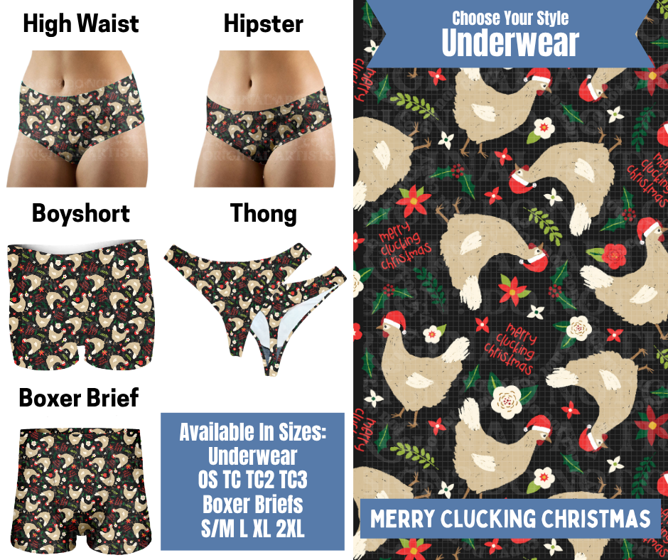 Preorder! Closes 8/26. ETA Nov. Merry Clucking Christmas Hipster, High Waist, Boyshort, & Thong Underwear & Boxer Briefs