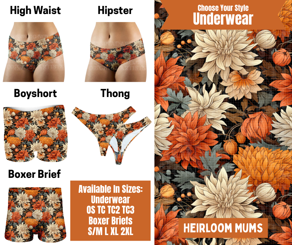 Preorder! Closes 7/30. ETA Oct. Heirloom Mums Hipster, High Waist, Boyshort, & Thong Underwear & Boxer Briefs