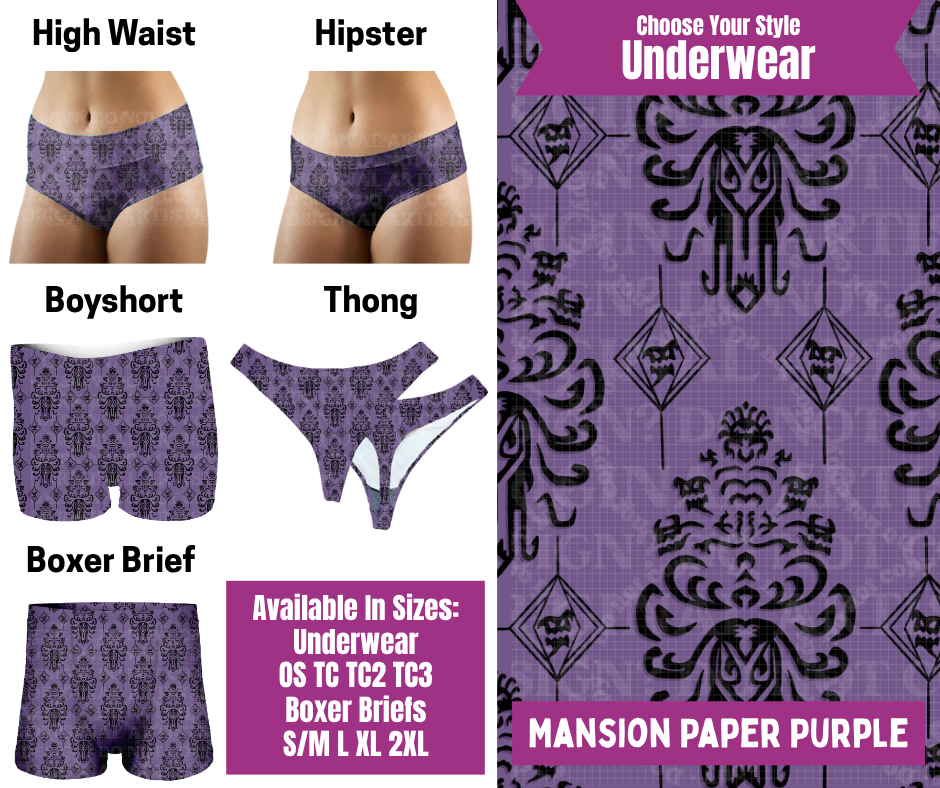 Preorder! Closes 6/24. ETA Sept. Mansion Paper Purple Hipster, High Waist, Boyshort, & Thong Underwear & Boxer Briefs
