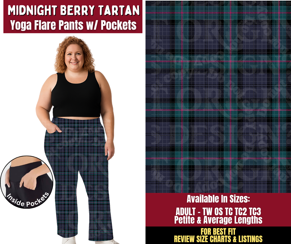 Preorder! Closes 9/28. ETA Dec. Midnight Berry Tartan Yoga Flare Pants