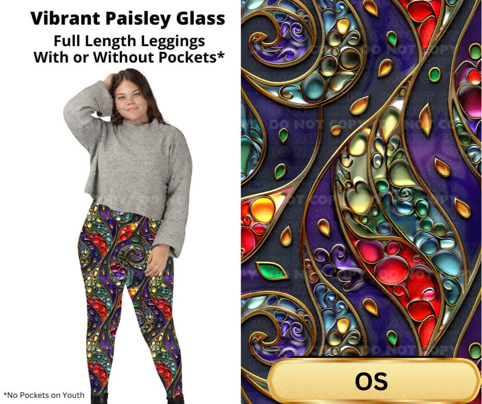 Vibrant Paisley Glass Full Length Leggings w/ Pockets