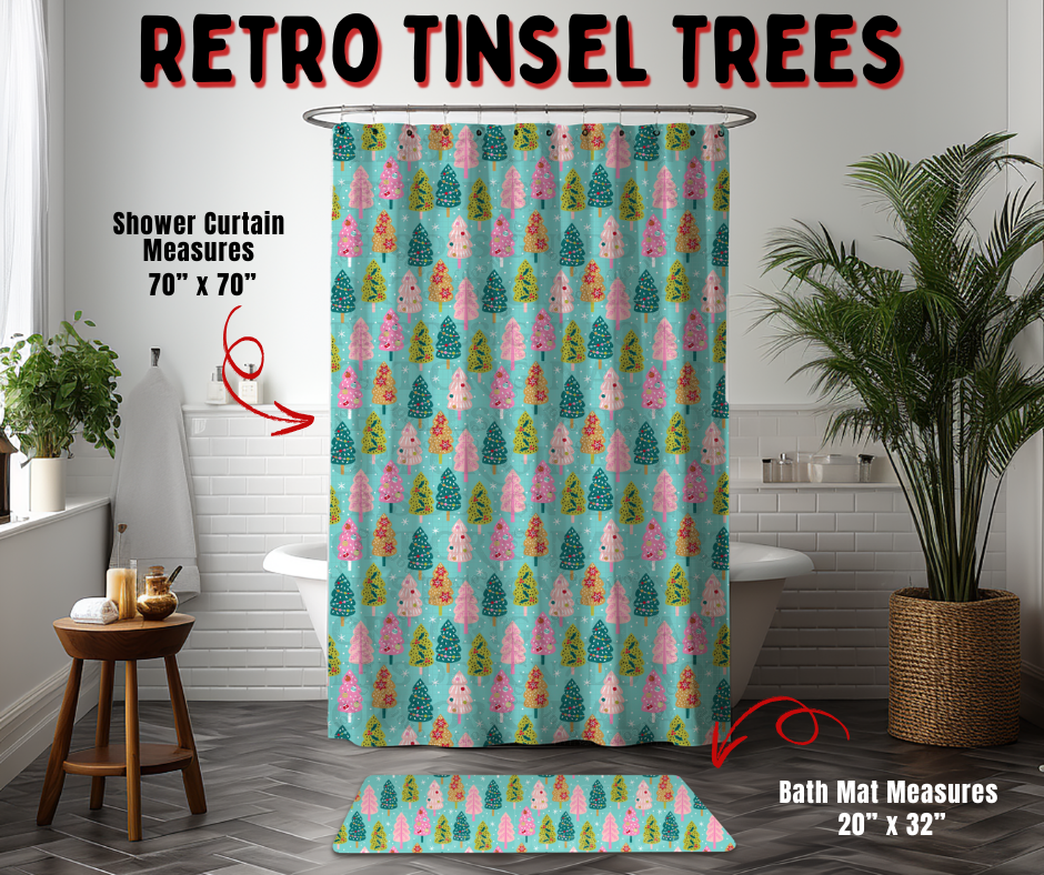 Preorder! Closes 9/2. ETA Dec. Retro Tinsel Trees Custom Shower Curtain and/or Bath Mat