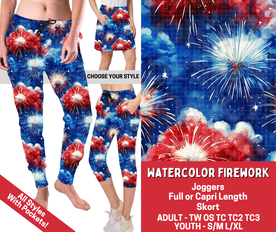 Preorder! Closes 3/18. ETA June. Watercolor Firework Combo Jogger Lengths & Skort