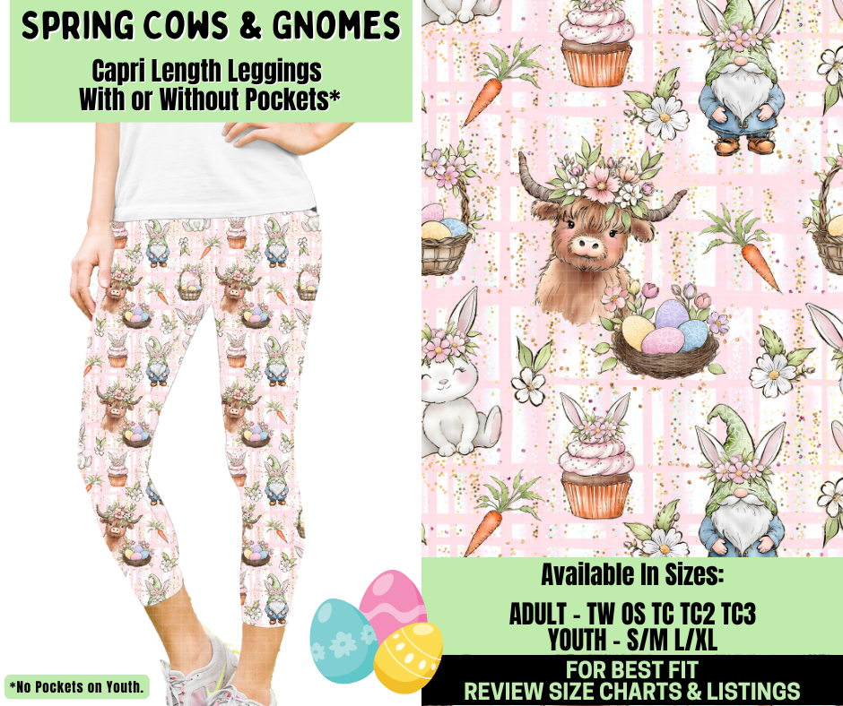 Preorder! Closes 1/19. ETA April. Spring Cows & Gnomes Capri Length Leggings w/wo Pockets