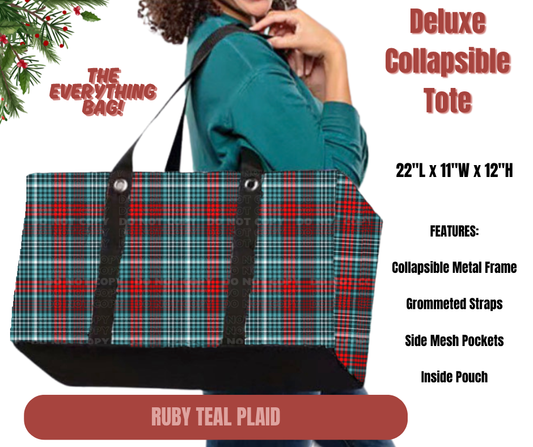 Preorder! Closes 9/1. ETA Dec. Ruby Teal Plaid Collapsible Tote