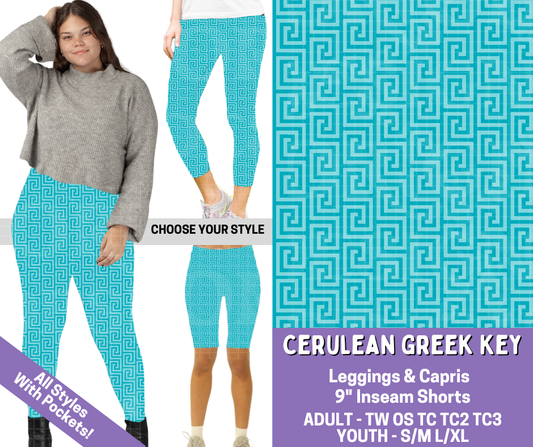 Preorder! Closes 4/30. ETA July. Cerulean Greek Key Combo Legging Lengths