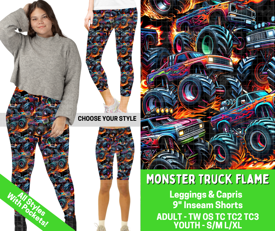 Preorder! Closes 2/25. ETA May. Monster Truck Flame Combo Legging Lengths