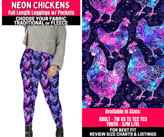 Preorder! Closes 10/23. ETA Jan. Neon Chickens Leggings Choose Fleece or Traditional