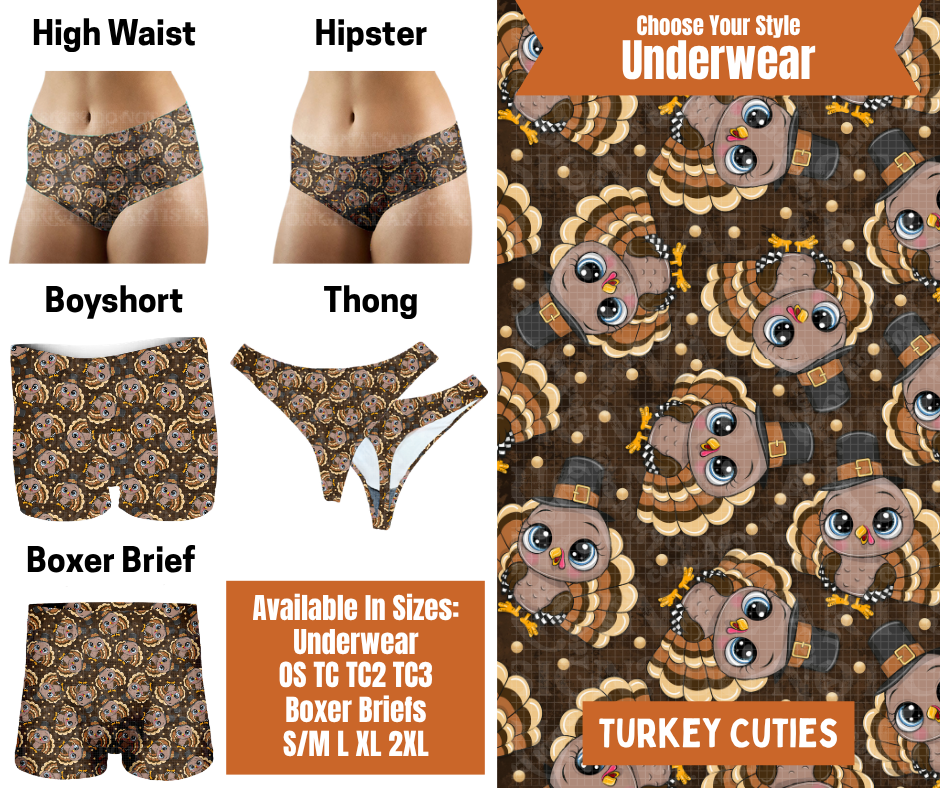 Preorder! Closes 7/30. ETA Oct. Turkey Cuties Hipster, High Waist, Boyshort, & Thong Underwear & Boxer Briefs
